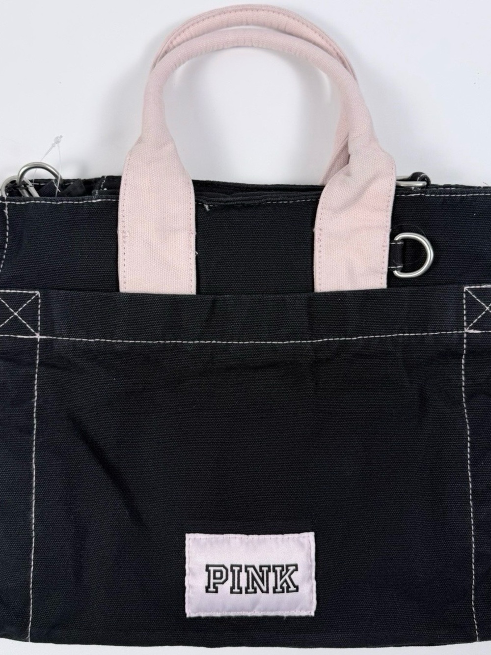 PINK Victoria's Secret Black Canvas Tote with Light Pink Handles